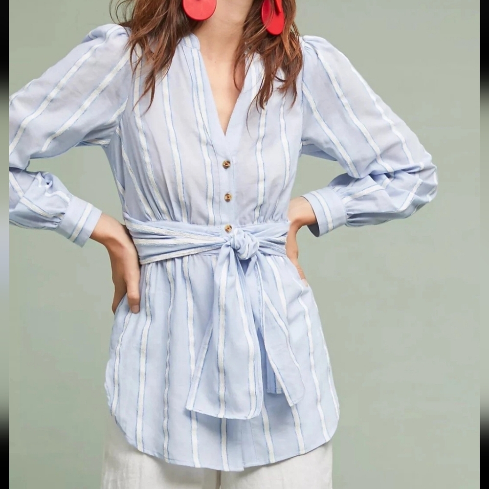 Anthropologie South Seas Blue Belted Button Down Top Shirt